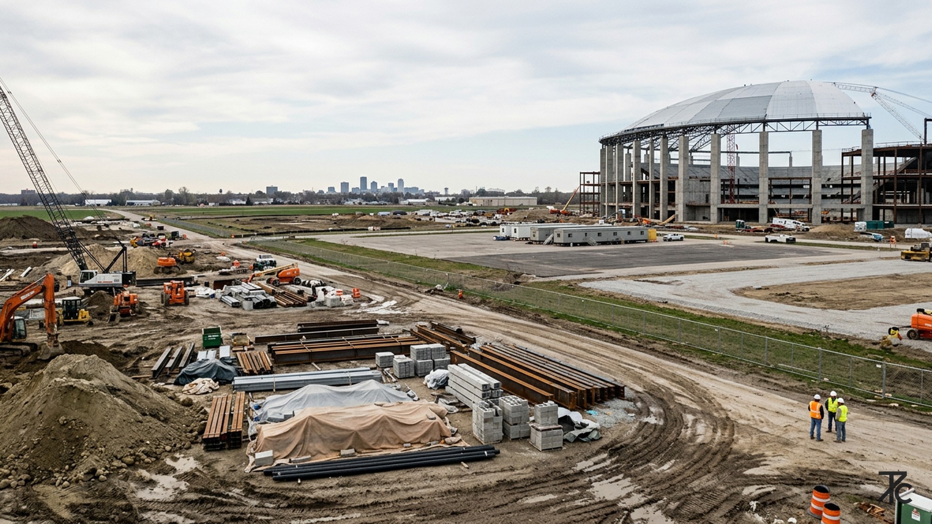 Construction site of a new, large-scale stadium.