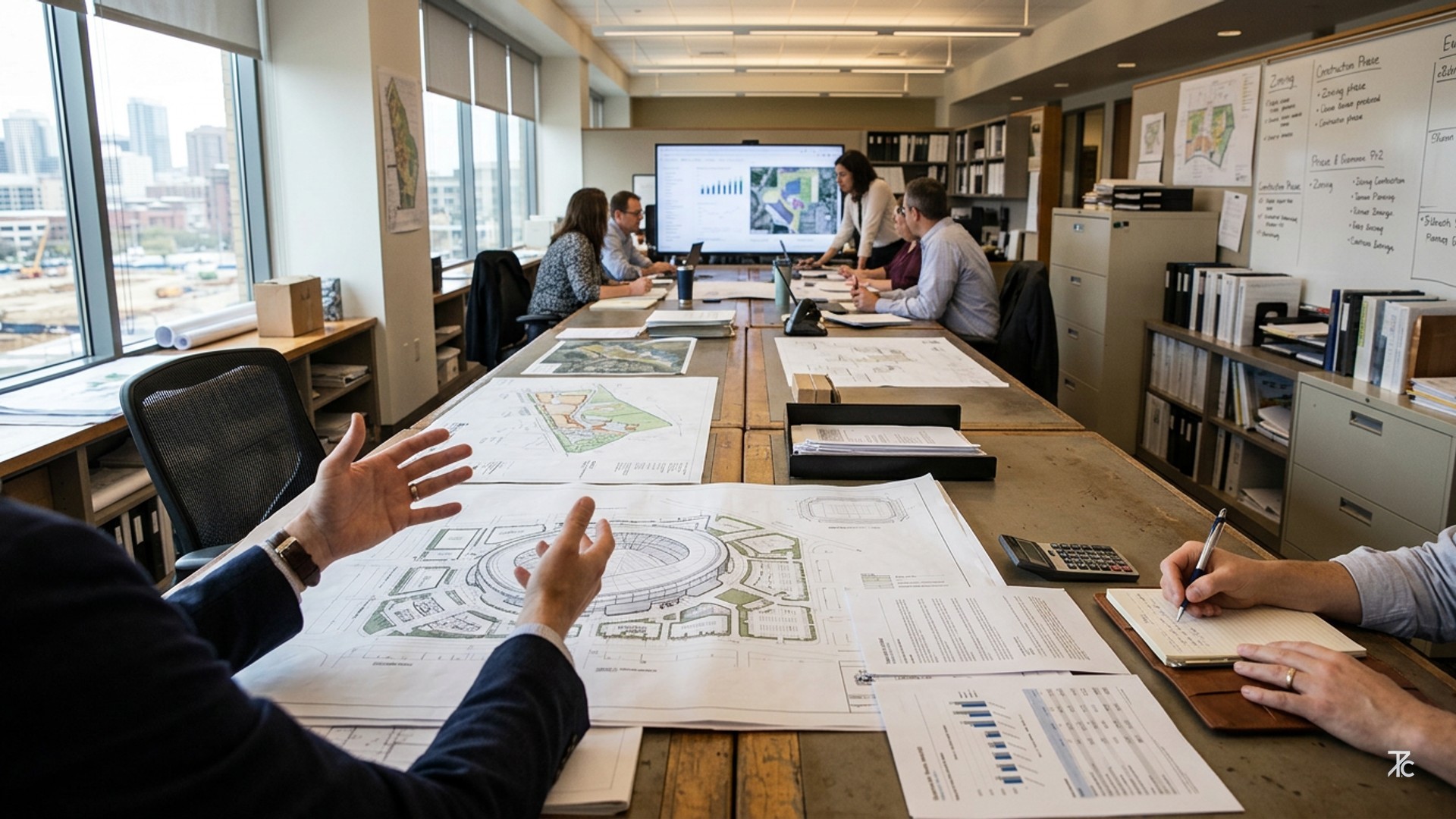 Editorial photograph illustrating the projected economic impact of the stadium project