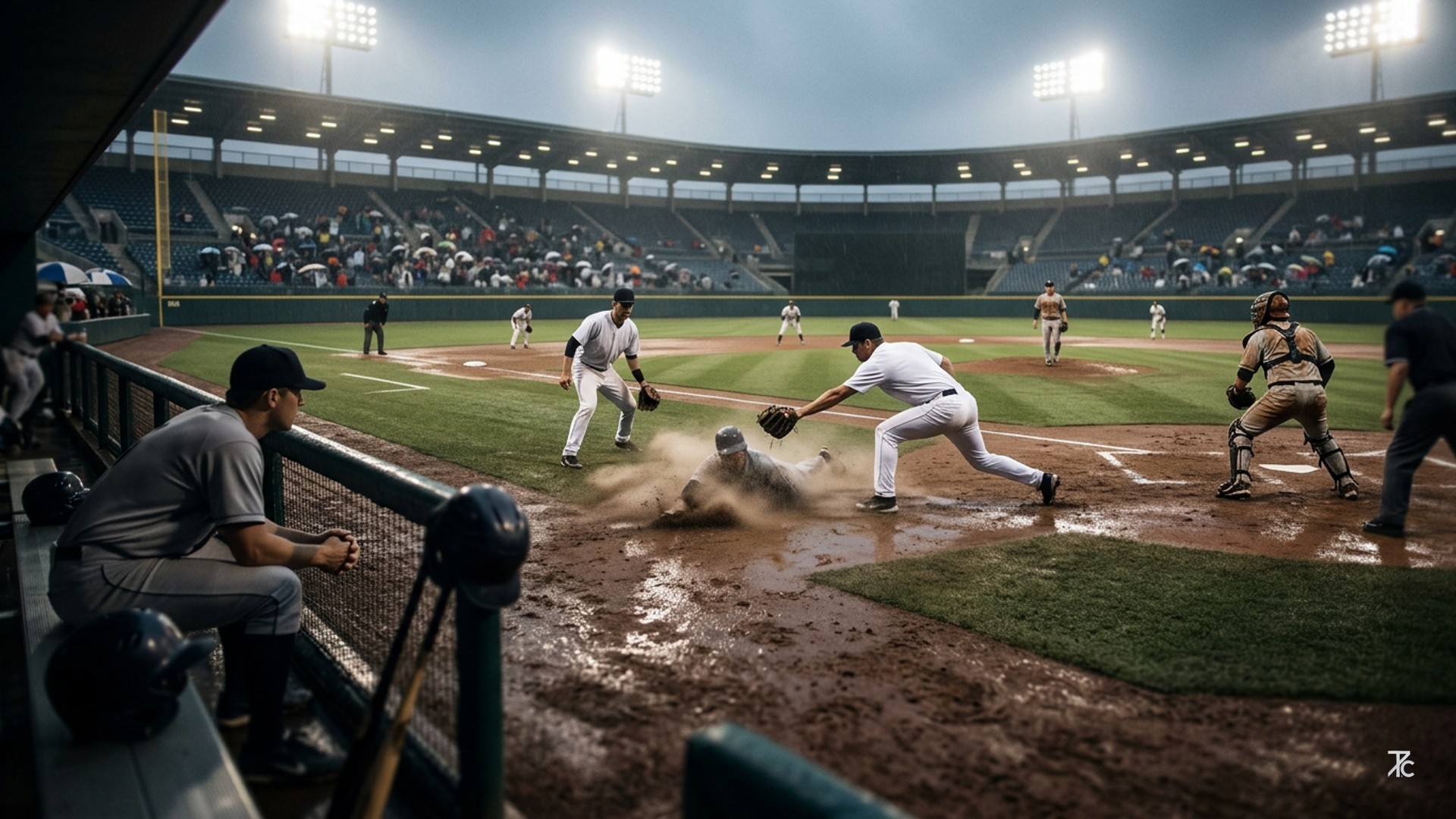 A view from a baseball dugout looking onto the field, representing the tension of the 10th-inning comeback.