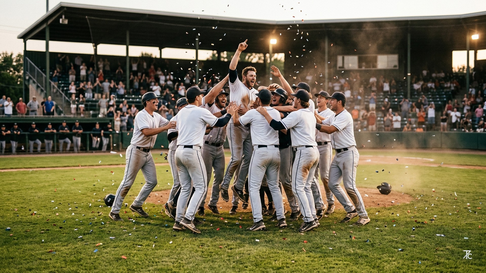 A baseball makes contact with the infield, symbolizing Carter Jensen's game-winning single.