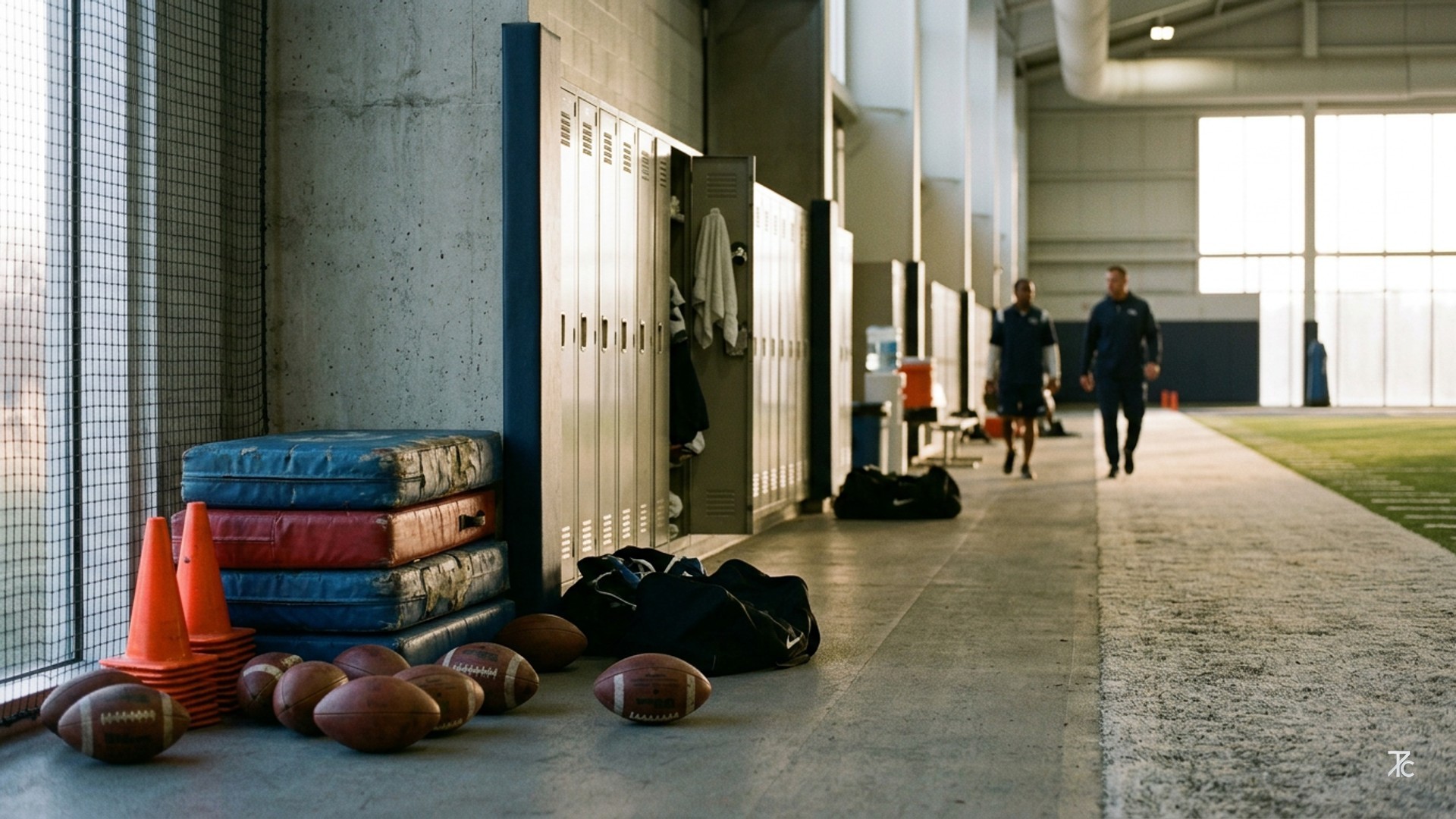 A generic football training facility in the early morning, symbolizing the start of a pivotal season.