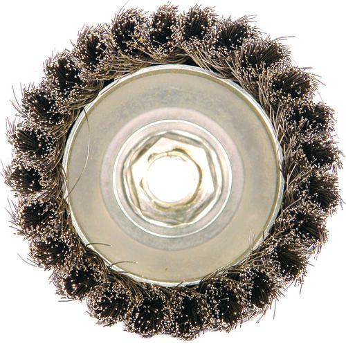 Knotted Cup Brush, Single Row, 4" X 5/8"-11, .014 Carbon Wire