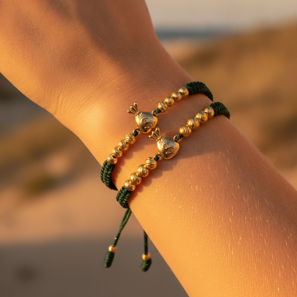 Dúo de Pulseras para Parejas - Bolsa de la Abundancia & Balines Diamantados - JOYERIA ALZUNI