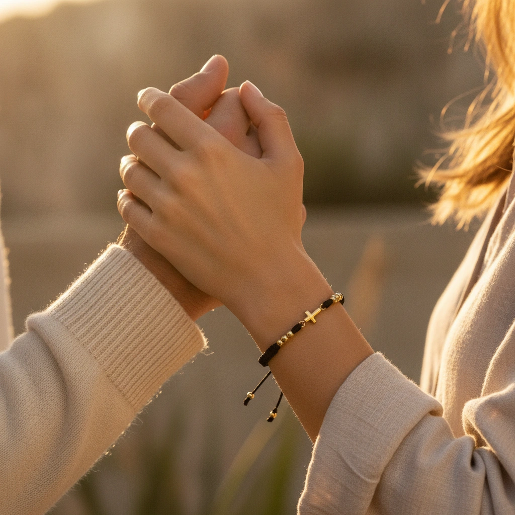 Pulsera Cruz ( Balines 4mm) - Vista en modelo