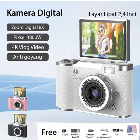 amera Digital 48MP 8X Zoom Kamera Digicam Layar Balik 180° LCD 2,4 Inci 4K Vlog Anti Goyang Filter Kamera Pocket untuk Hadiah