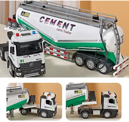 Diecast Alloy Head Truck Truk Trailer Tanki Semen Cement Scala besar 1: 24 dgn semprotan air PUTIH