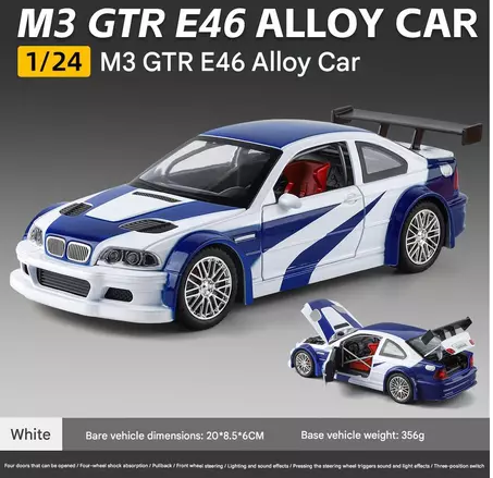 Diecast BM E46 M3 GTR Need For Speed Most Wanted Modif 1:24 With Sound Light and Pullback PUTIH BIRU