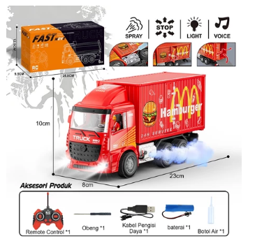 RC Mobil Truk Kontainer Remote Control Cargo Pickup Lampu & Suara Semprot Mainan Anak MERAH