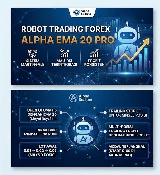 Bot Gold XAUUSD MT5 ALPHA EMA 20 PRO EA Martingale Aman - Fitur Trailing Stop Automatic BE & Anti MC Akun Standard maupun Micro