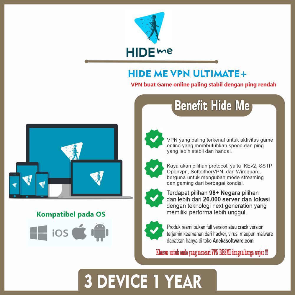 Hide Me VPN 3 Devices 1 Tahun untuk Game online, streaming, dan browsing.