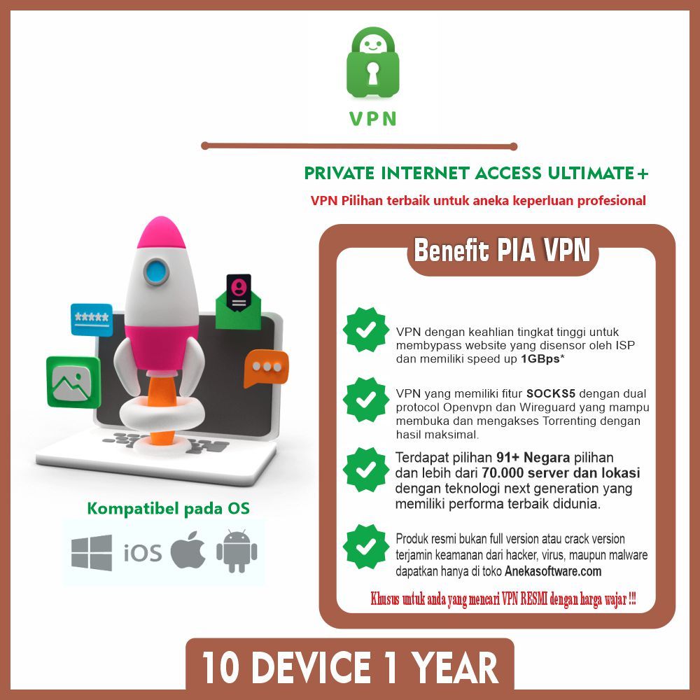 Private Internet Access 10 Devices 1 Tahun untuk Gaming, Streaming, Browsing.