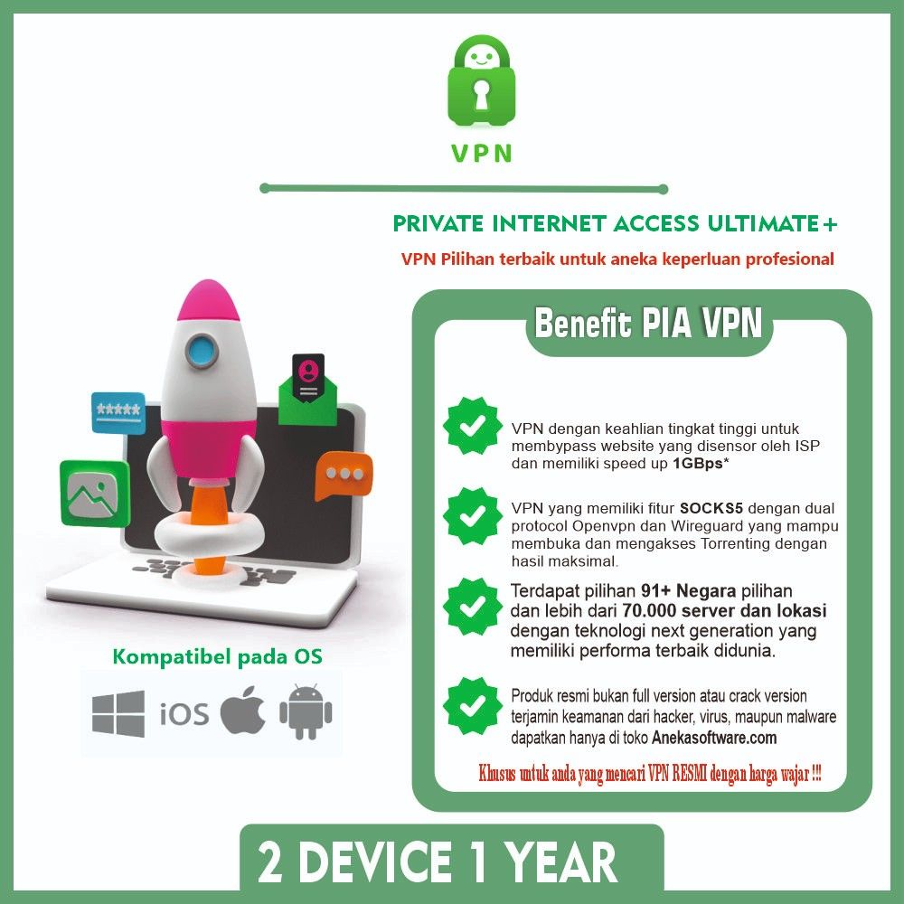 Private Internet Access VPN 2 PC 1 Tahun untuk Gaming, Streaming & Browsing