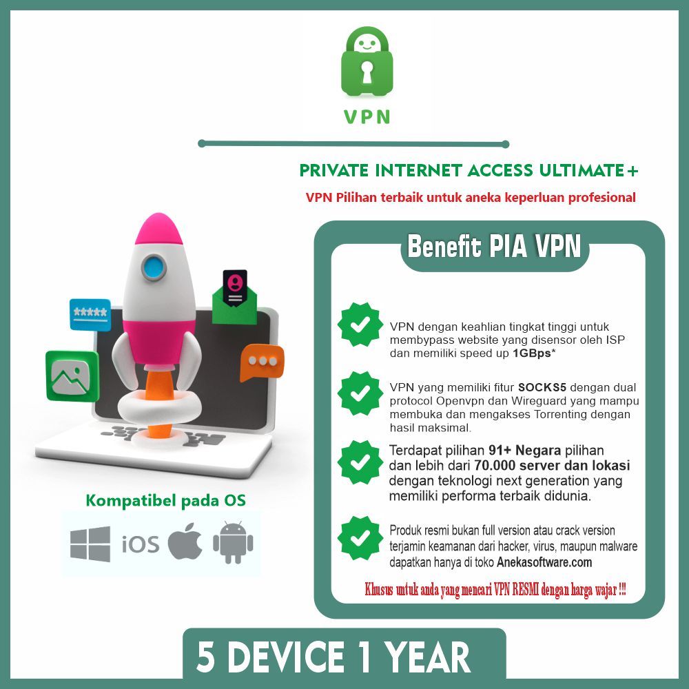 Private Internet Access VPN 5 DEVICES 1 Tahun RESMI untuk Gaming, Streaming, dan Browsing