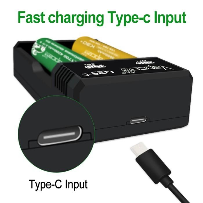Original VAPCELL Q2S-C Battery Charger | baterai batre 18650 21700 cas Li-ion type-c 2 slot authentic