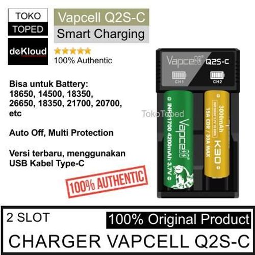 Original VAPCELL Q2S-C Battery Charger | baterai batre 18650 21700 cas Li-ion type-c 2 slot authentic