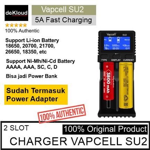 Original VAPCELL SU2 Fast Charger | 18650 21700 AAA AA D baterai li-ion nimh charging 2 slot cas