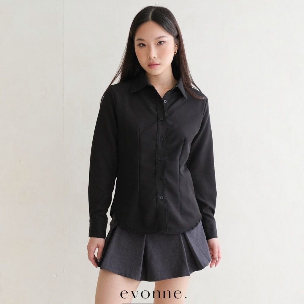 EVONNE Nara Kemeja Fitted Mewah Wanita Top Cotton Silk Shirt Blouse Atasan Wanita Elegan Lembut Simple Oversize Black L to XL