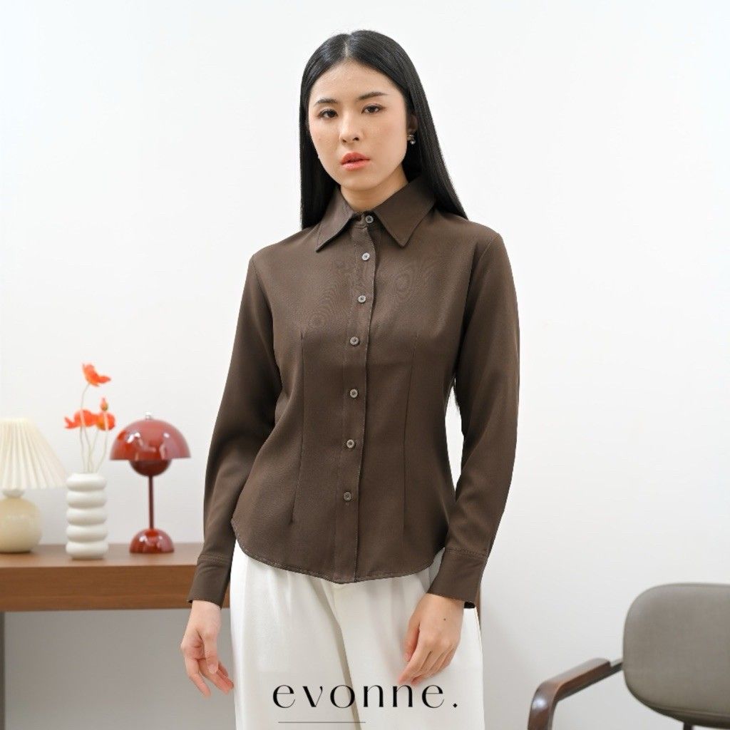 EVONNE Nara Kemeja Fitted Mewah Wanita Top Cotton Silk Shirt Blouse Atasan Wanita Elegan Lembut Simple Oversize Chocobar L to XL