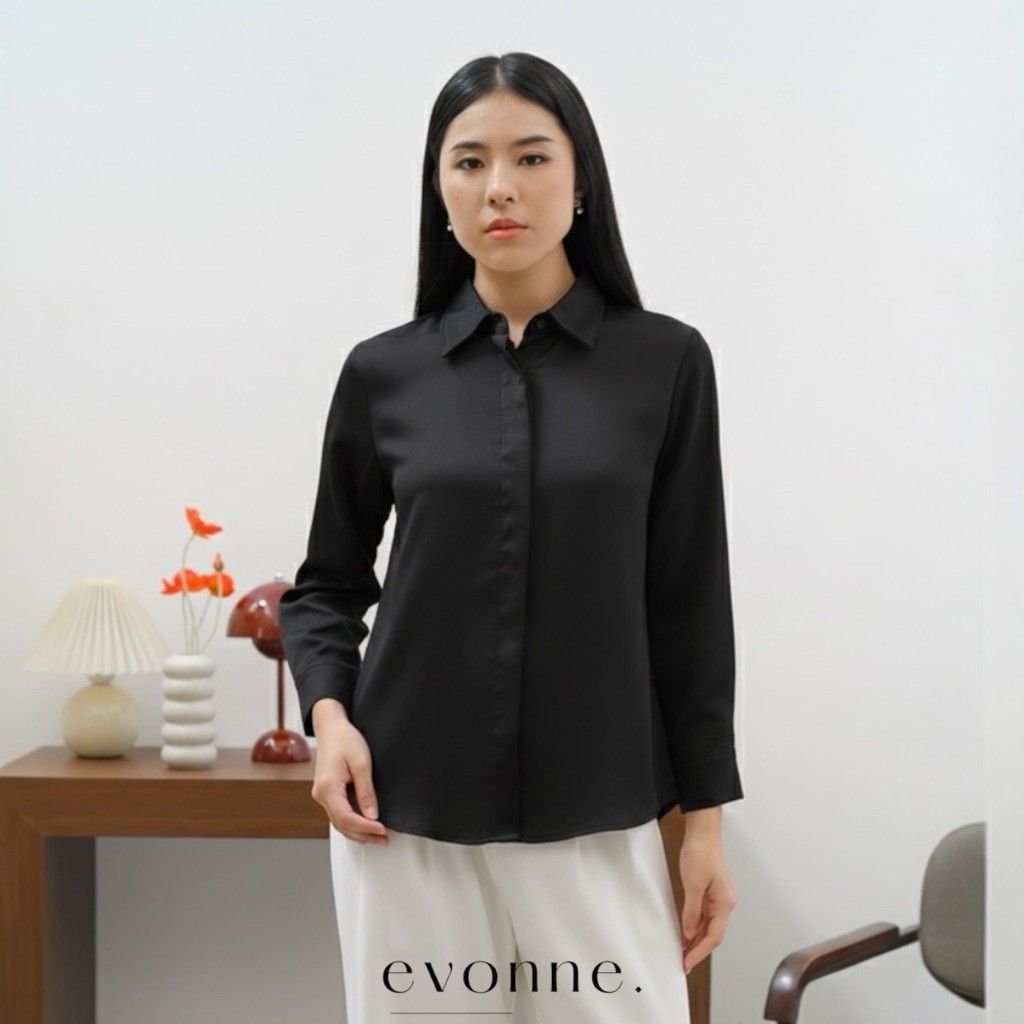 EVONNE Xara Kemeja Fitted Mewah Wanita Top Cotton Shirt Blouse Atasan Wanita Elegan Lembut Simple Oversize Black L to XL