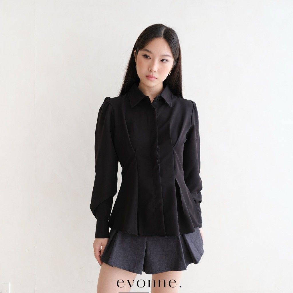 EVONNE Nera Kemeja Mewah Wanita Top Blouse Atasan Wanita Elegan Lembut Simple Hitam L to XL