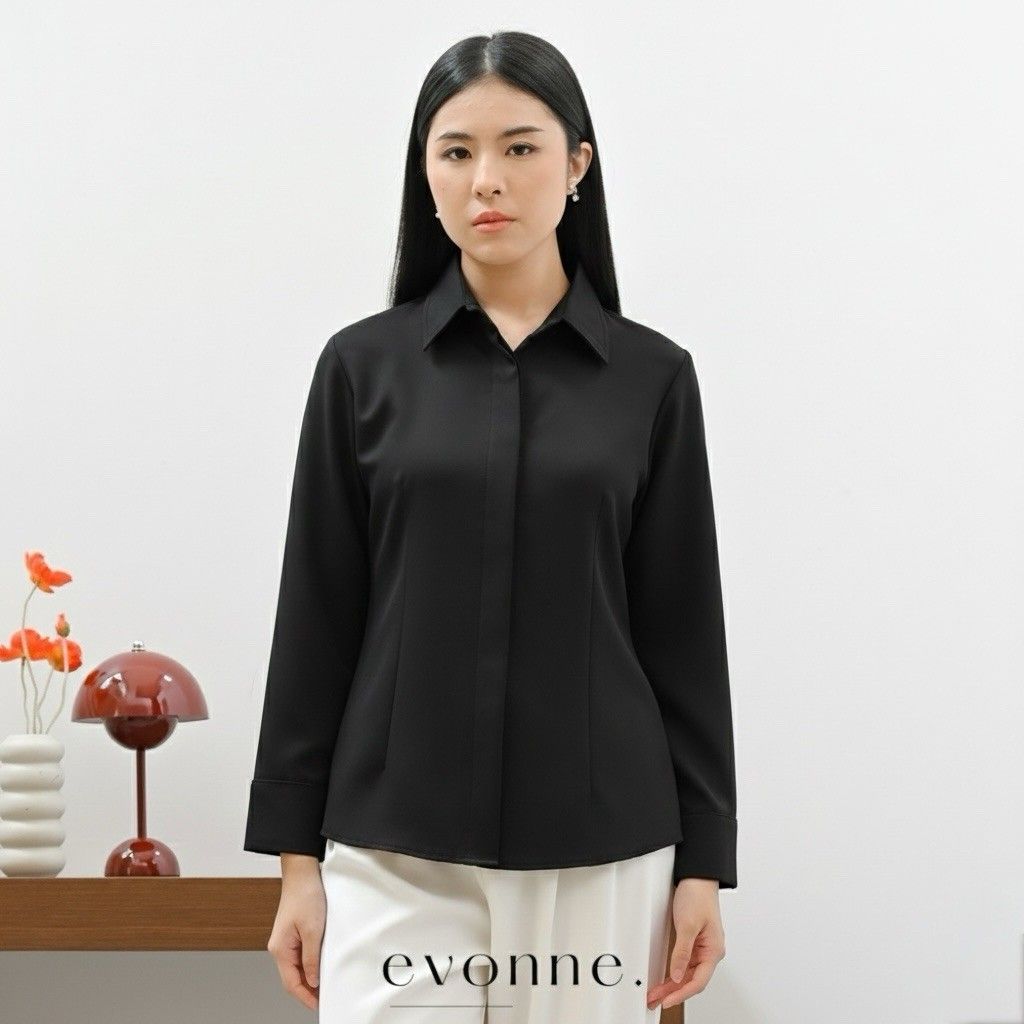 EVONNE Kara Kemeja Mewah Wanita Top Blouse Atasan Wanita Elegan Lembut Simple Black lengan panjang L to XL