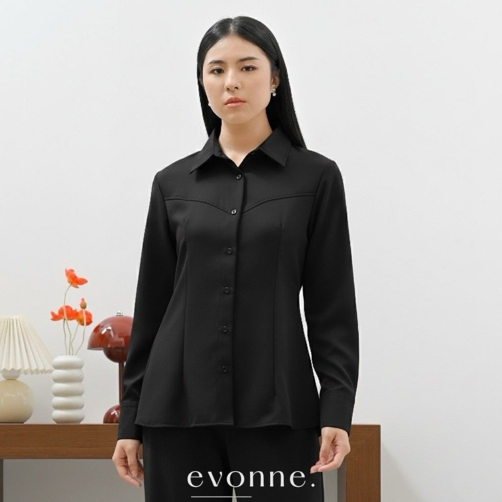 EVONNE Orlea Kemeja Fitted Mewah Wanita Top Cotton Shirt Blouse Atasan Wanita Elegan Lembut Simple Oversize Black L to XL