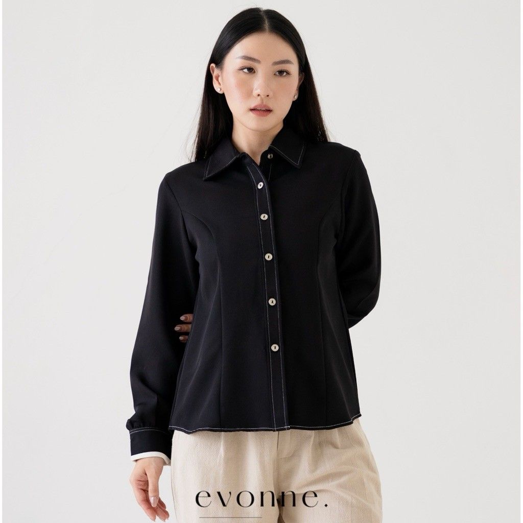 EVONNE Aina Kemeja Mewah Wanita Top Blouse Atasan Wanita Elegan Lembut Simple Black L to XL