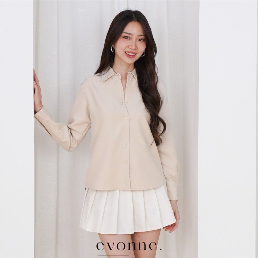 EVONNE Lovy Shirt Kemeja Mewah Wanita Top Blouse Atasan Wanita Elegan Lembut Simple Beige L-XL