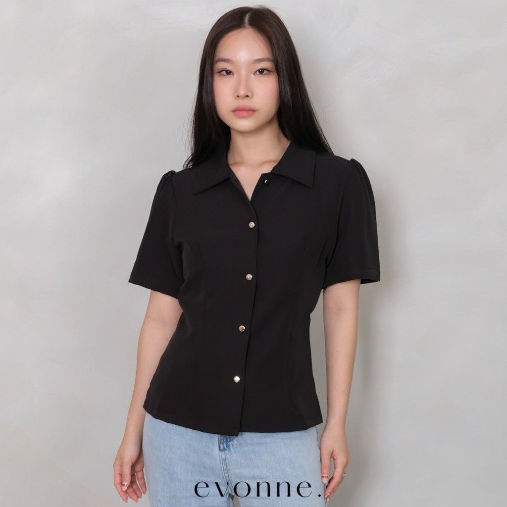 EVONNE Sheilla Blouse Kemeja Fitted Mewah Wanita Top Cotton Shirt Blouse Black L-XL