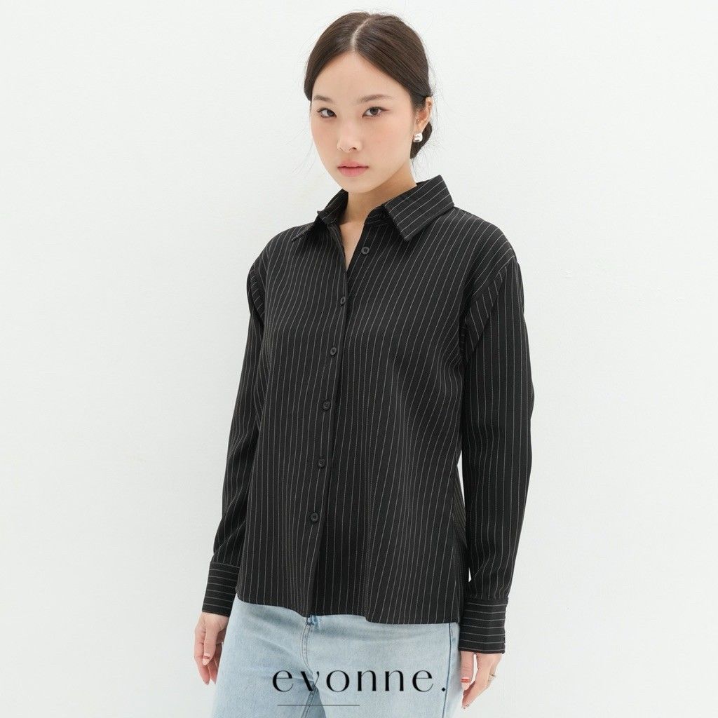 EVONNE Alice Kemeja Stripe Mewah Wanita Top Blouse Atasan Wanita Elegan Lembut Simple Black L-XL