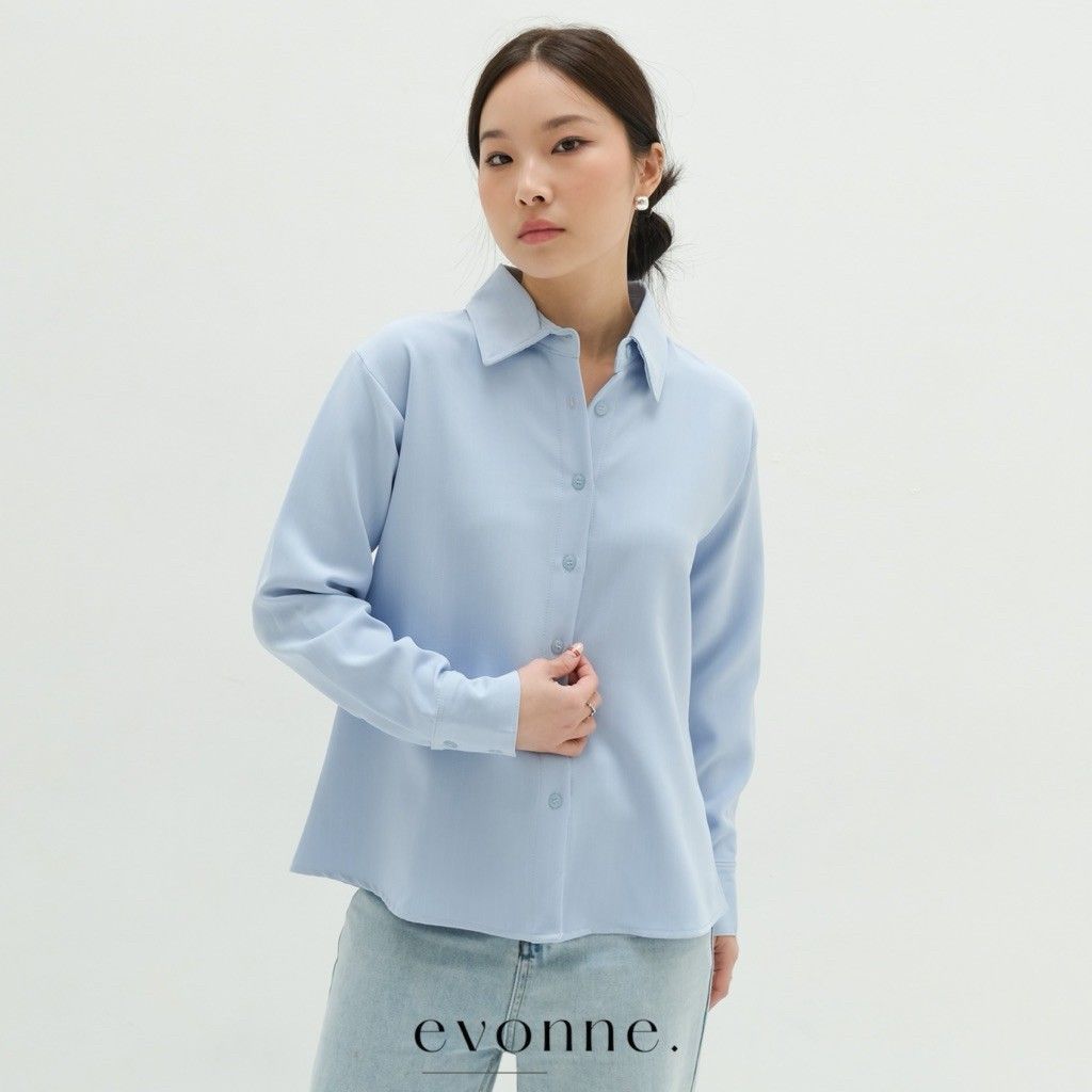 EVONNE Alice Kemeja Stripe Mewah Wanita Top Blouse Atasan Wanita Elegan Lembut Simple Bluesoft L-XL