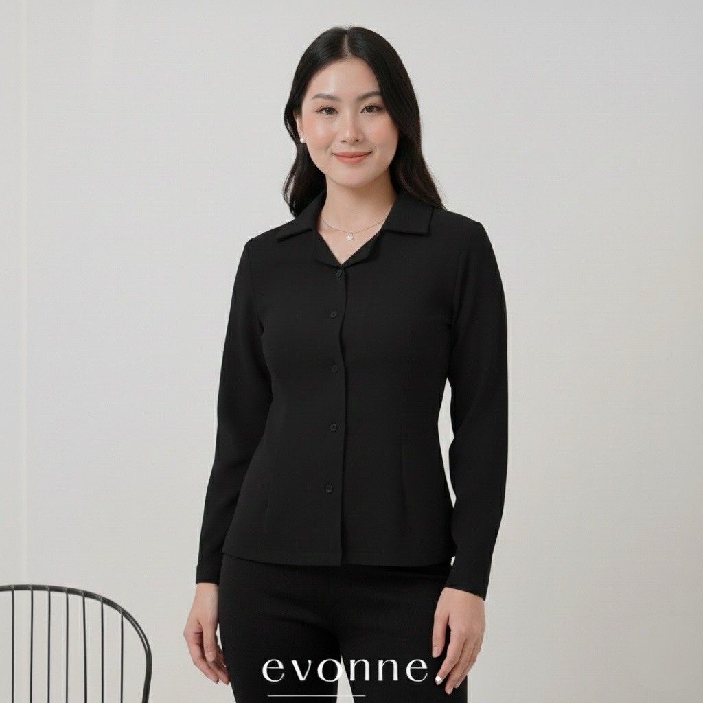EVONNE Erya Kemeja Mewah Wanita Top Blouse Atasan Wanita Elegan Lembut Simple Black L to XL