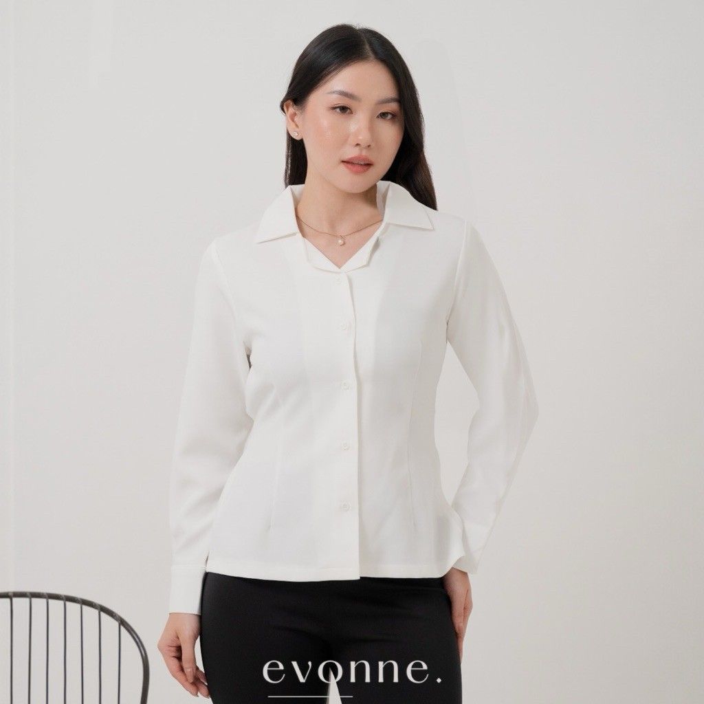 EVONNE Erya Kemeja Mewah Wanita Top Blouse Atasan Wanita Elegan Lembut Simple White L to XL