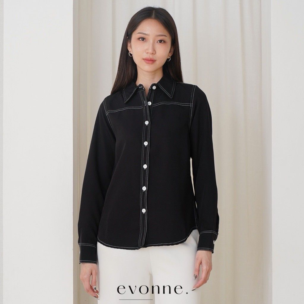 EVONNE Guella Kemeja Fitted Mewah Wanita Top Cotton Shirt Blouse Atasan Wanita Elegan Lembut Simple Black L to XL