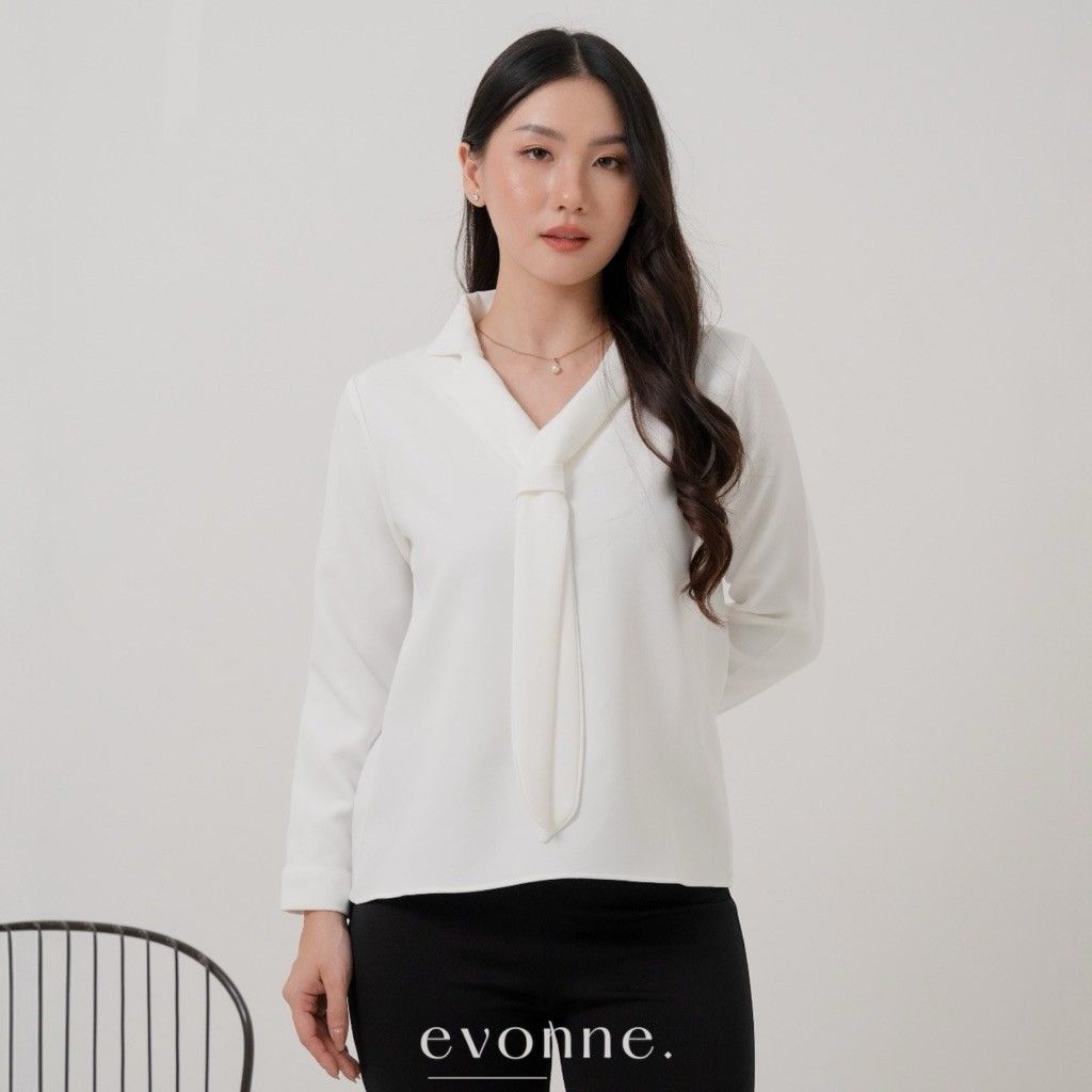 EVONNE Elle Kemeja Mewah Wanita Top Blouse Atasan Wanita Elegan Lembut Simple White L to XL