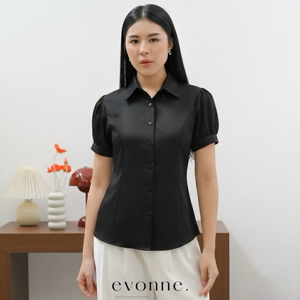 EVONNE Chlaire Kemeja Fitted Mewah Wanita Top Cotton Shirt Blouse Atasan Wanita Elegan Lembut Simple Oversize Black L to XL
