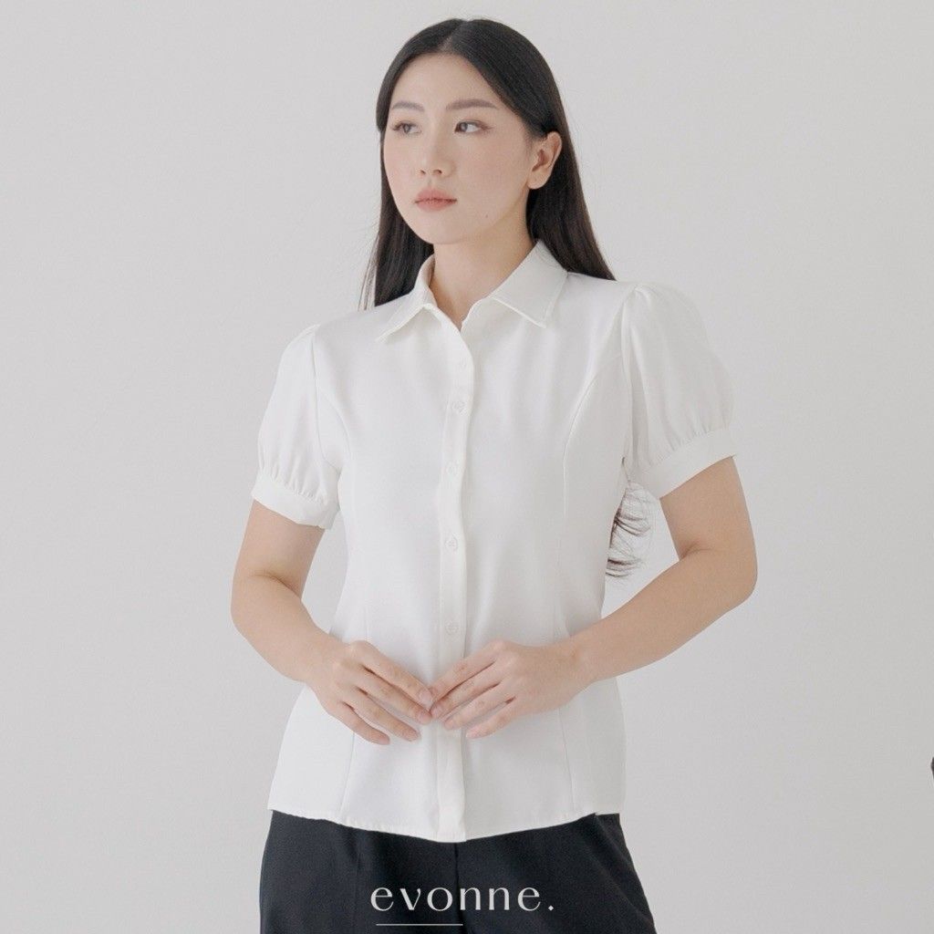 EVONNE Chlaire Kemeja Fitted Mewah Wanita Top Cotton Shirt Blouse Atasan Wanita Elegan Lembut Simple Oversize White L to XL