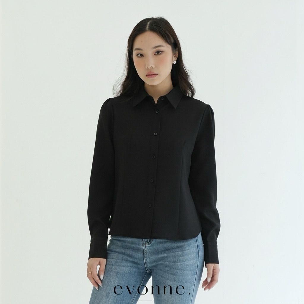 EVONNE Carrey Kemeja Fitted Mewah Wanita Top Cotton Shirt Blouse Atasan Wanita Elegan Lembut Simple Oversize Black L to XL