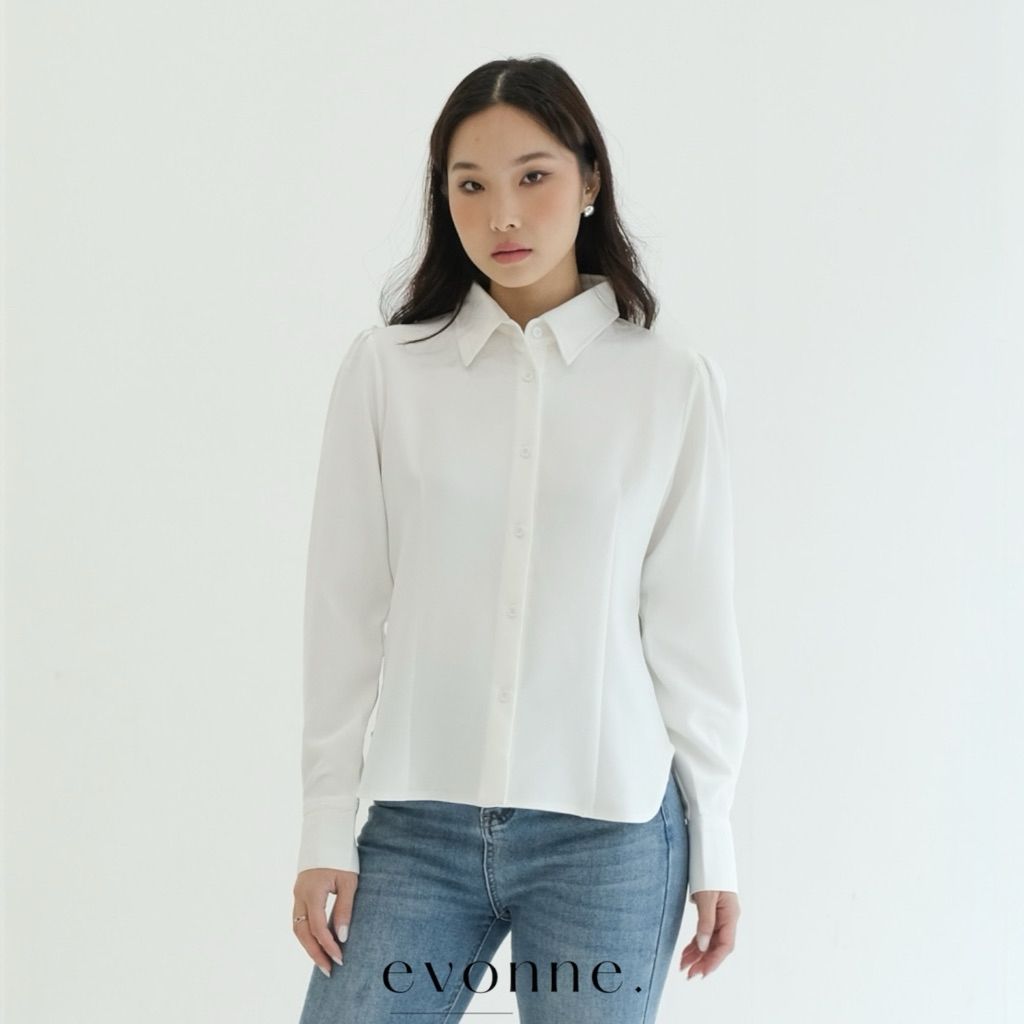 EVONNE Carrey Kemeja Fitted Mewah Wanita Top Cotton Shirt Blouse Atasan Wanita Elegan Lembut Simple Oversize White L to XL