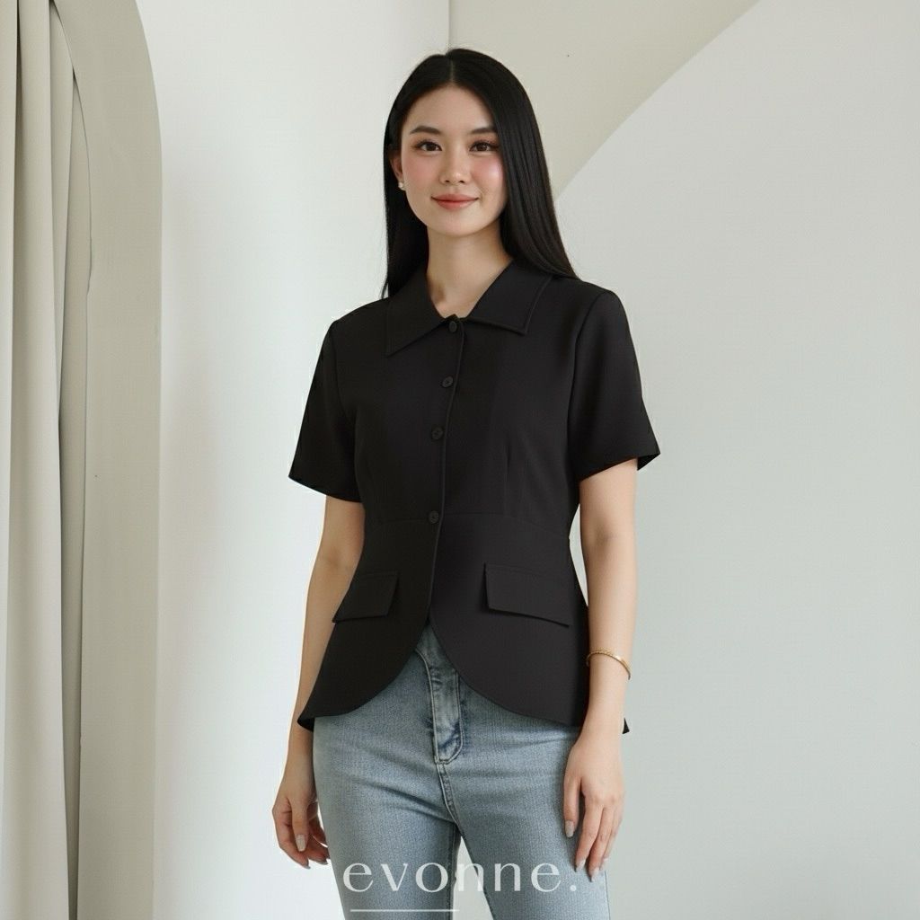 EVONNE Diora Blouse Atasan Wanita Top Mewah Elegan Hitam L to XL