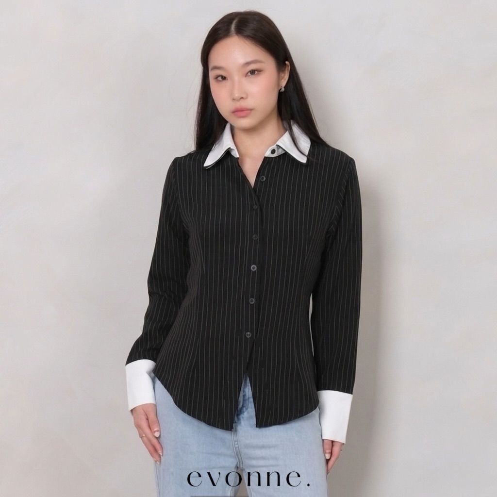 EVONNE Wonnie Shirt Kemeja Stripe Wanita Black L-XL
