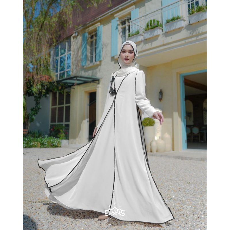 Ready!! Camellia Abaya Ori Kazami Floral Detail Acoustic white L