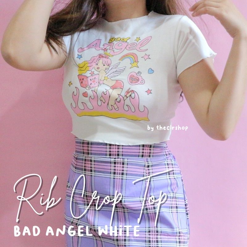 RIB CROP TOP BY THECLRSHOP (BANYAK VARIAN) RCT-BAD ANGEL WHITE