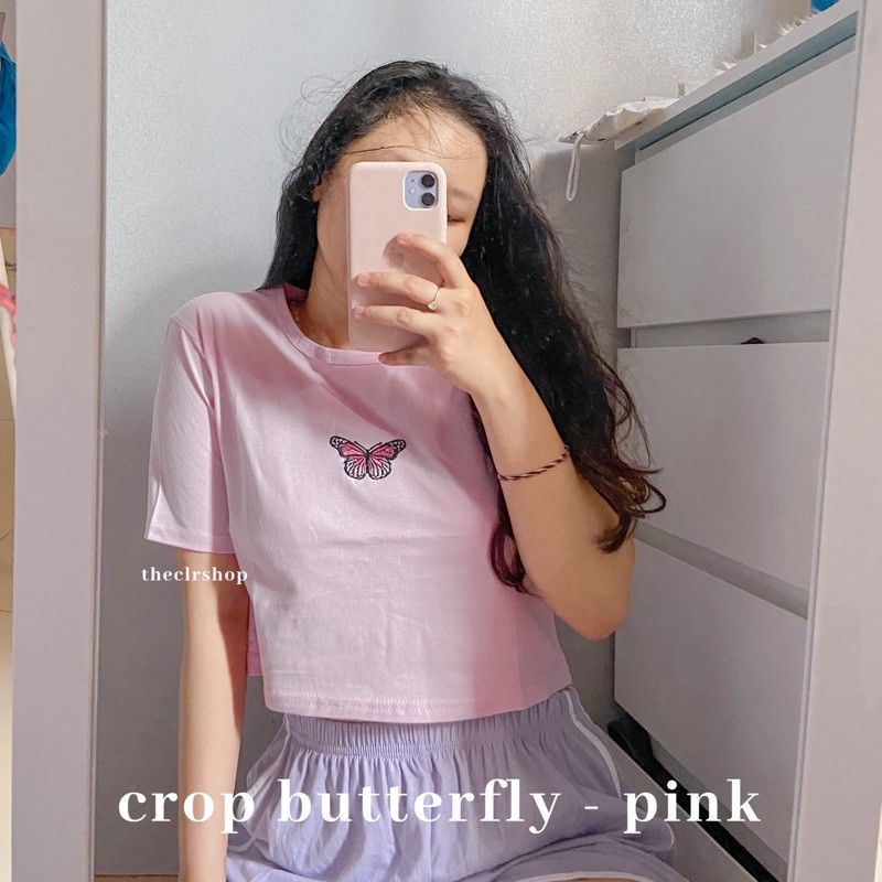 CROP BUTTERFLY TEE ALL SIZE pink