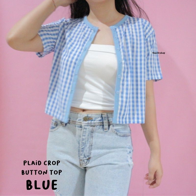 PLAID BUTTON (CROP TOP & CARDI LONGSLEEVE) CROP TOP-Blue