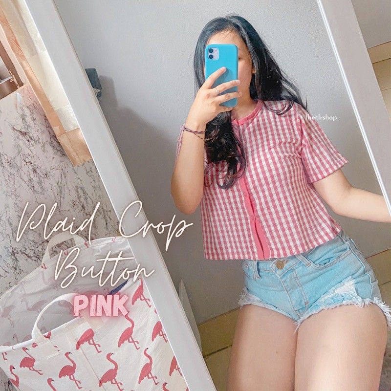 PLAID BUTTON (CROP TOP & CARDI LONGSLEEVE) CROP TOP-Pink