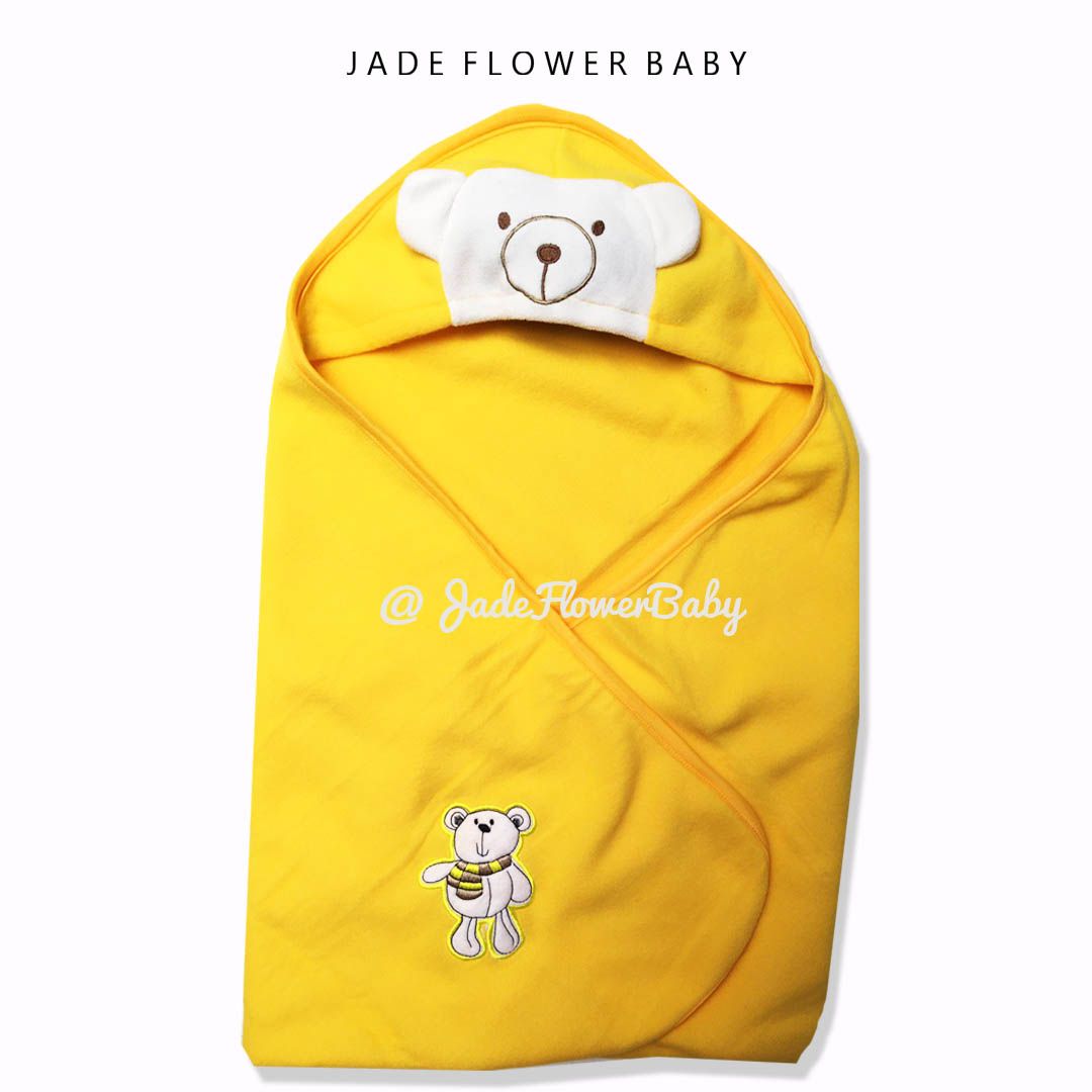 Selimut Bayi Topi Double Fleece - Thin Baby Blanket- motif Beruang Lucu dan Halus Yellow