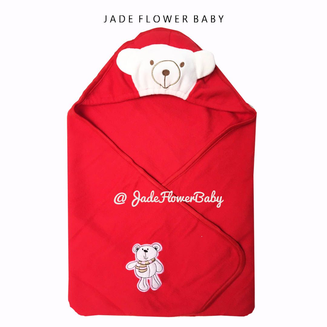 Selimut Bayi Topi Double Fleece - Thin Baby Blanket- motif Beruang Lucu dan Halus Red