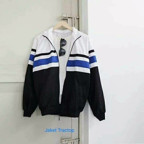Jaket tractop kombinasi putih hitam list biru