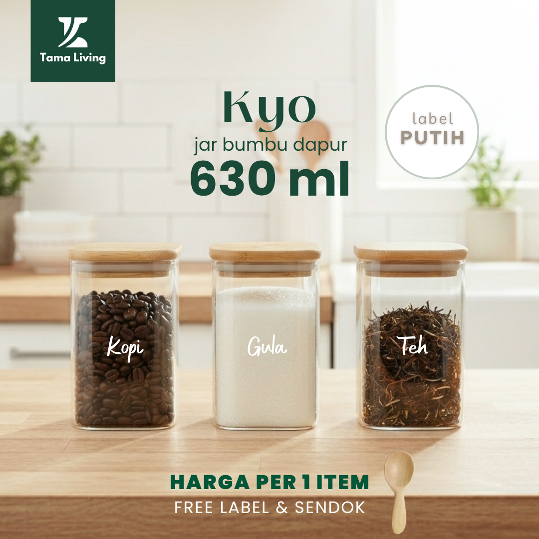 TAMA LIVING Kyo Jar Bumbu Dapur Gula Kopi Teh 630 ml Label Putih Tempat Bumbu Toples Bumbu Dapur Abon Ayam,Jar Kotak
